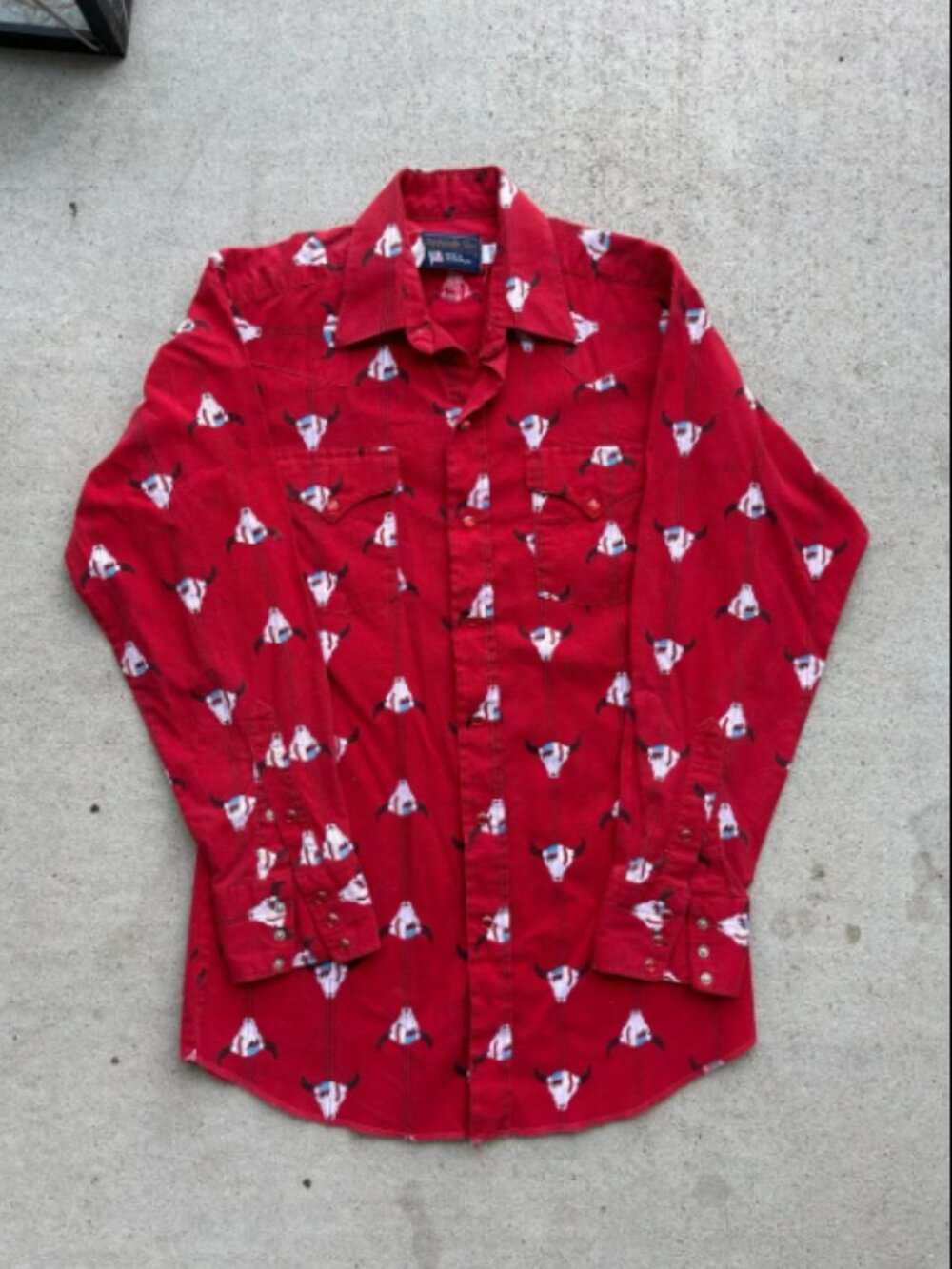 Vintage Panhandle Slim Western Pearl Snap Shirt Bull Skull Red Print